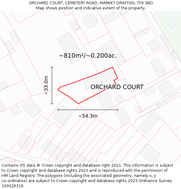 ORCHARD COURT, CEMETERY ROAD, MARKET DRAYTON, TF9 3BD: Plot and title map