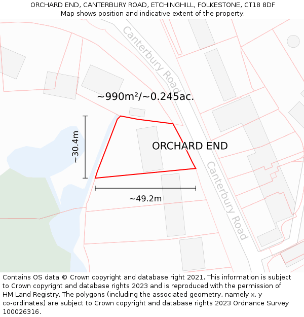 ORCHARD END, CANTERBURY ROAD, ETCHINGHILL, FOLKESTONE, CT18 8DF: Plot and title map