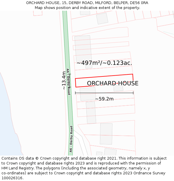 ORCHARD HOUSE, 15, DERBY ROAD, MILFORD, BELPER, DE56 0RA: Plot and title map