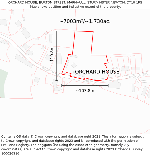 ORCHARD HOUSE, BURTON STREET, MARNHULL, STURMINSTER NEWTON, DT10 1PS: Plot and title map