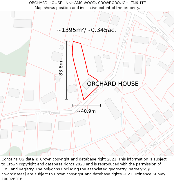 ORCHARD HOUSE, INNHAMS WOOD, CROWBOROUGH, TN6 1TE: Plot and title map