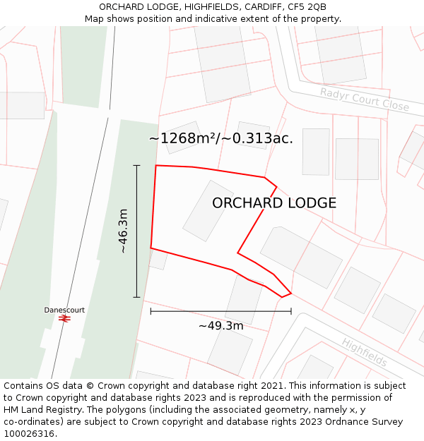 ORCHARD LODGE, HIGHFIELDS, CARDIFF, CF5 2QB: Plot and title map