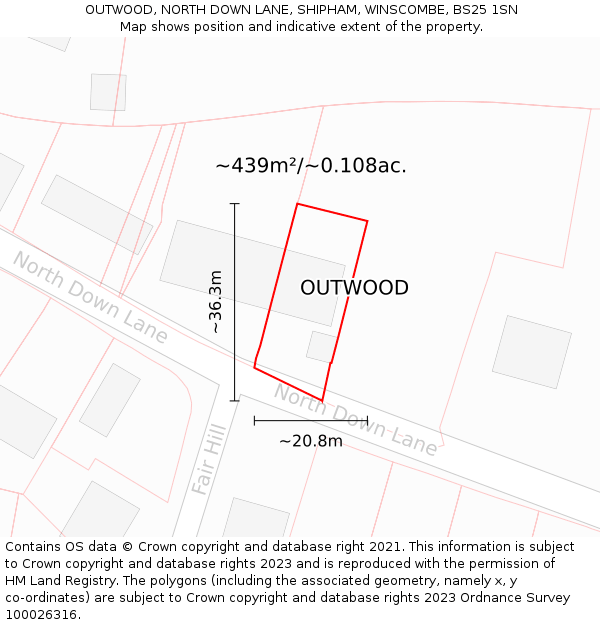 OUTWOOD, NORTH DOWN LANE, SHIPHAM, WINSCOMBE, BS25 1SN: Plot and title map