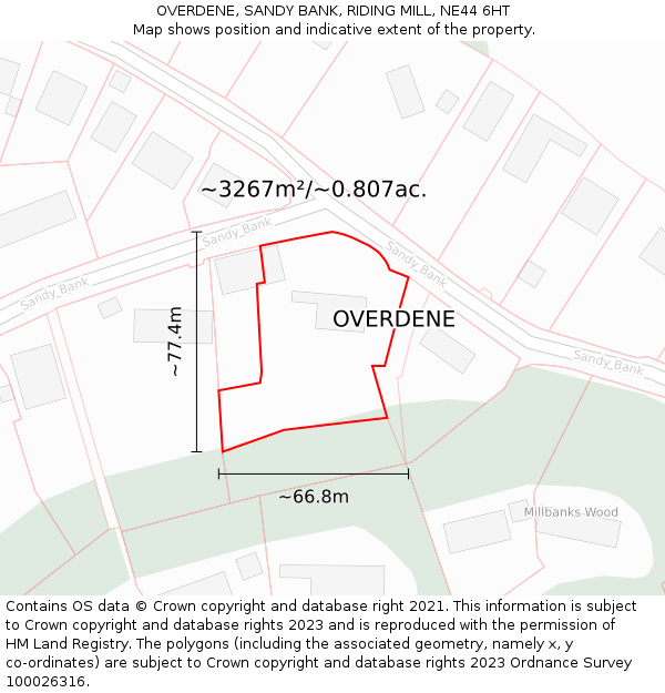 OVERDENE, SANDY BANK, RIDING MILL, NE44 6HT: Plot and title map