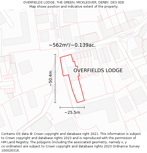 OVERFIELDS LODGE, THE GREEN, MICKLEOVER, DERBY, DE3 0DE: Plot and title map