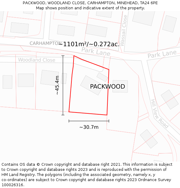 PACKWOOD, WOODLAND CLOSE, CARHAMPTON, MINEHEAD, TA24 6PE: Plot and title map