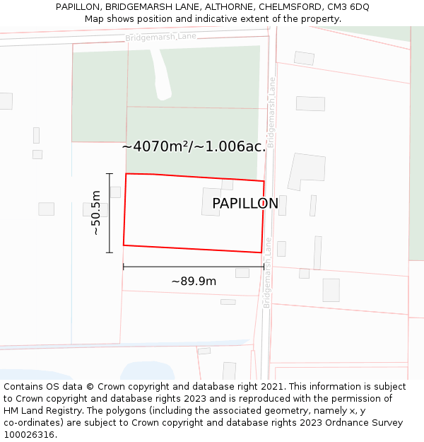 PAPILLON, BRIDGEMARSH LANE, ALTHORNE, CHELMSFORD, CM3 6DQ: Plot and title map