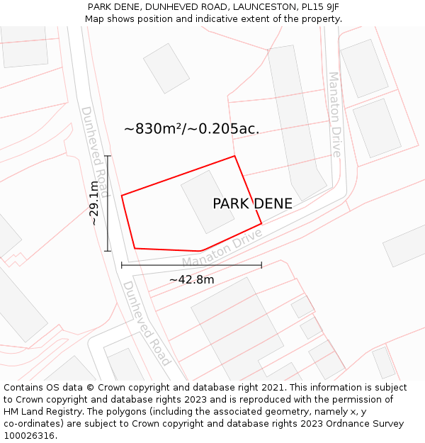 PARK DENE, DUNHEVED ROAD, LAUNCESTON, PL15 9JF: Plot and title map