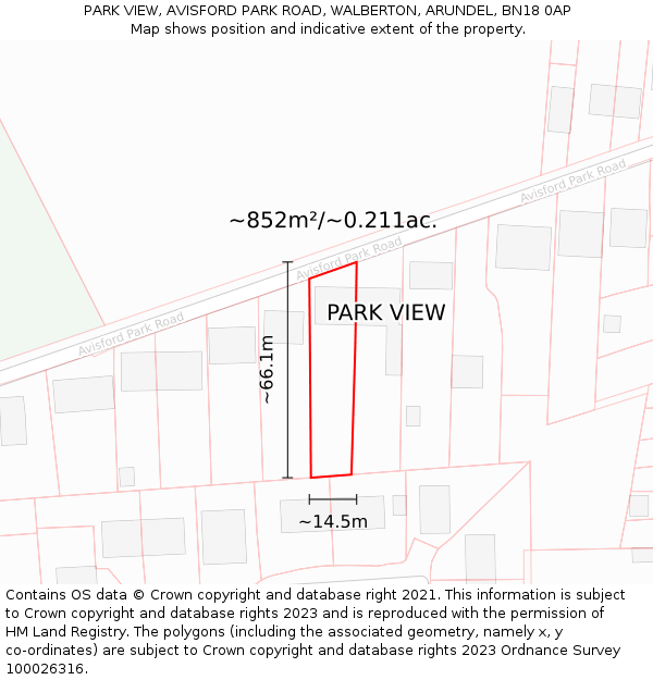 PARK VIEW, AVISFORD PARK ROAD, WALBERTON, ARUNDEL, BN18 0AP: Plot and title map