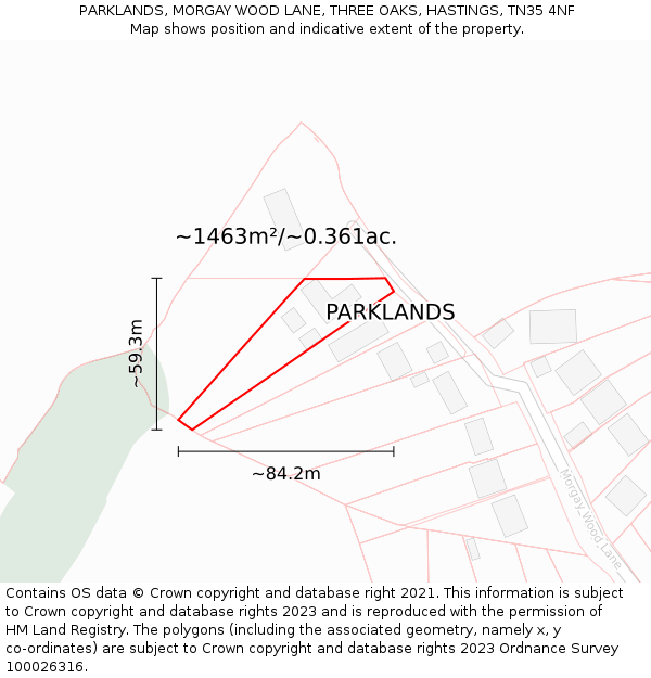 PARKLANDS, MORGAY WOOD LANE, THREE OAKS, HASTINGS, TN35 4NF: Plot and title map