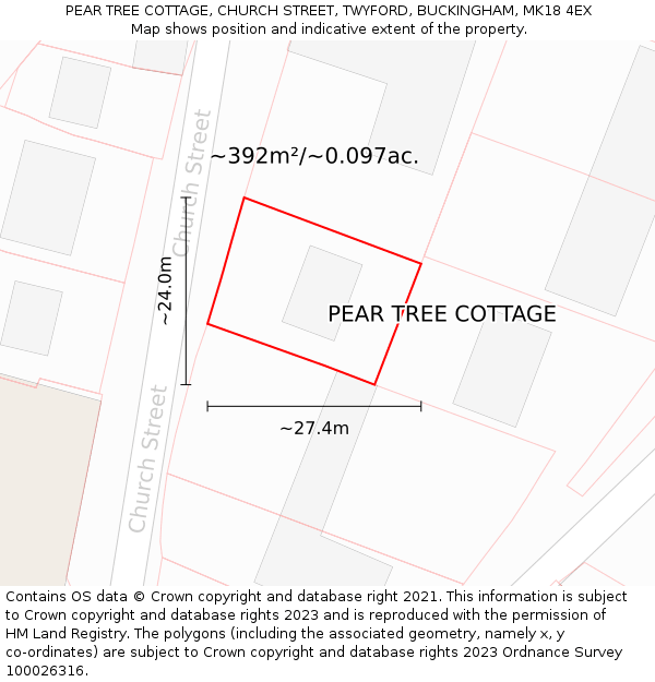 PEAR TREE COTTAGE, CHURCH STREET, TWYFORD, BUCKINGHAM, MK18 4EX: Plot and title map