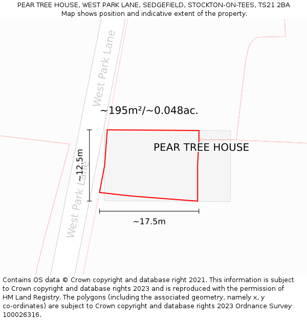 PEAR TREE HOUSE, WEST PARK LANE, SEDGEFIELD, STOCKTON-ON-TEES, TS21 2BA: Plot and title map