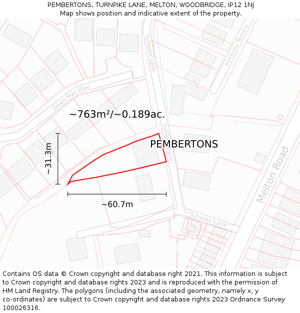 PEMBERTONS, TURNPIKE LANE, MELTON, WOODBRIDGE, IP12 1NJ: Plot and title map