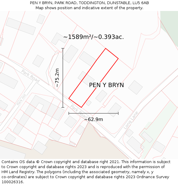 PEN Y BRYN, PARK ROAD, TODDINGTON, DUNSTABLE, LU5 6AB: Plot and title map