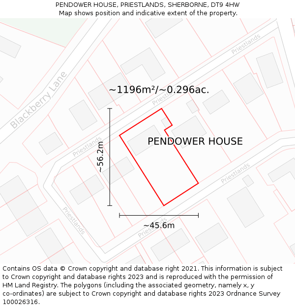 PENDOWER HOUSE, PRIESTLANDS, SHERBORNE, DT9 4HW: Plot and title map