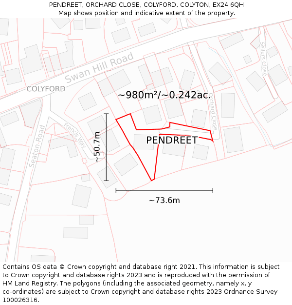 PENDREET, ORCHARD CLOSE, COLYFORD, COLYTON, EX24 6QH: Plot and title map