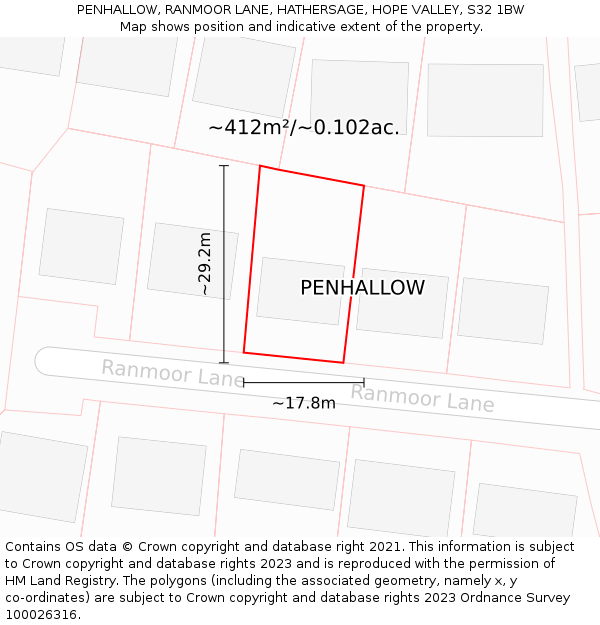 PENHALLOW, RANMOOR LANE, HATHERSAGE, HOPE VALLEY, S32 1BW: Plot and title map