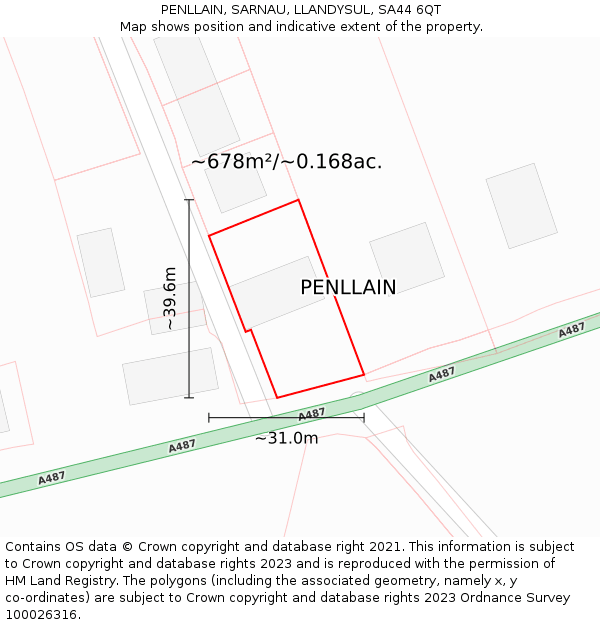 PENLLAIN, SARNAU, LLANDYSUL, SA44 6QT: Plot and title map