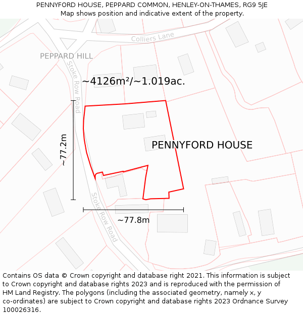 PENNYFORD HOUSE, PEPPARD COMMON, HENLEY-ON-THAMES, RG9 5JE: Plot and title map