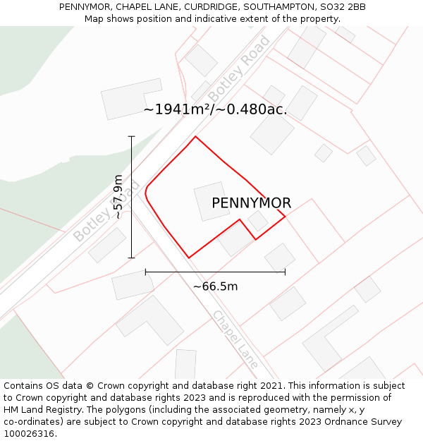 PENNYMOR, CHAPEL LANE, CURDRIDGE, SOUTHAMPTON, SO32 2BB: Plot and title map