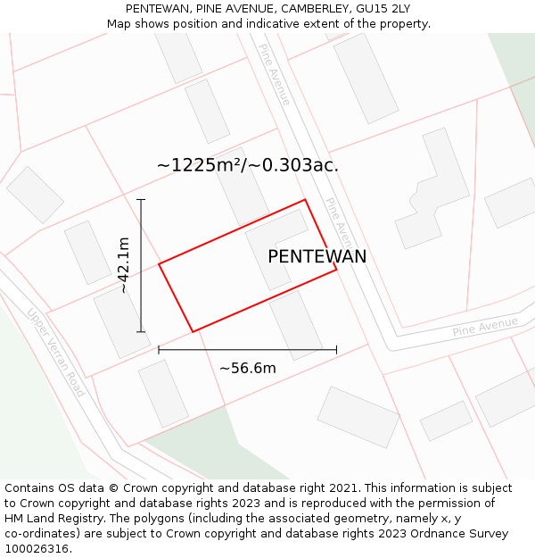 PENTEWAN, PINE AVENUE, CAMBERLEY, GU15 2LY: Plot and title map