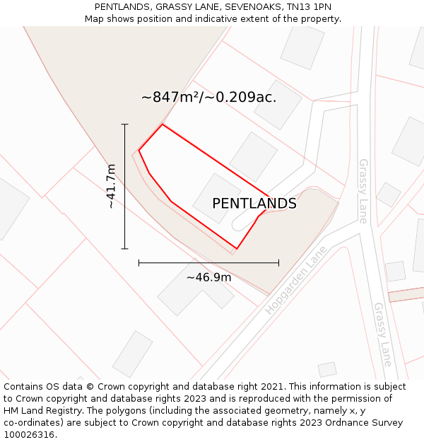 PENTLANDS, GRASSY LANE, SEVENOAKS, TN13 1PN: Plot and title map