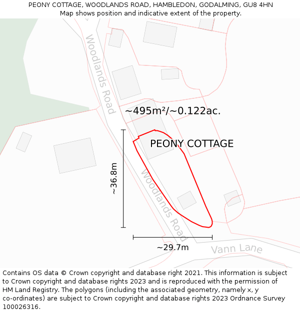 PEONY COTTAGE, WOODLANDS ROAD, HAMBLEDON, GODALMING, GU8 4HN: Plot and title map