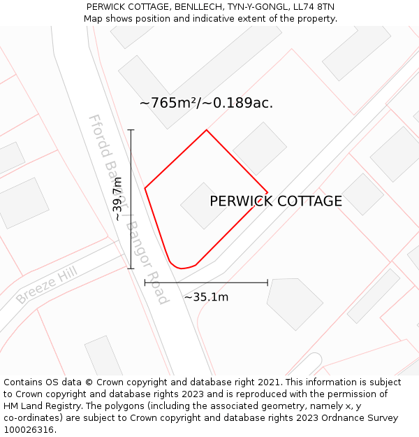 PERWICK COTTAGE, BENLLECH, TYN-Y-GONGL, LL74 8TN: Plot and title map