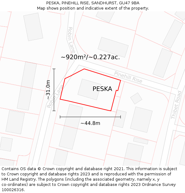 PESKA, PINEHILL RISE, SANDHURST, GU47 9BA: Plot and title map