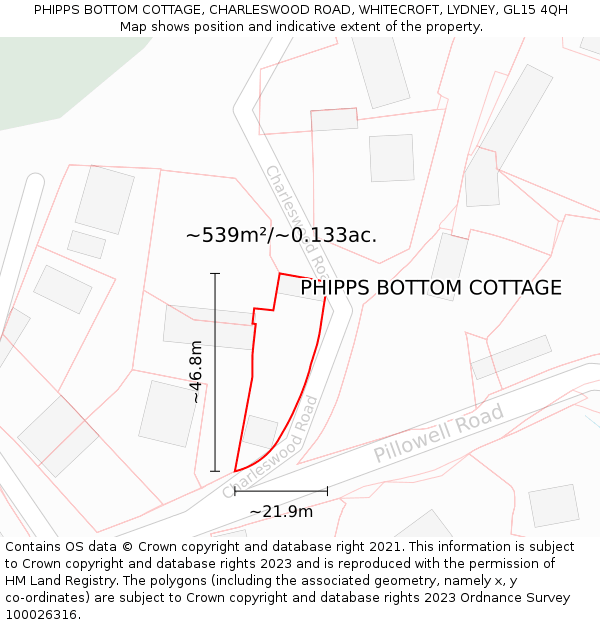 PHIPPS BOTTOM COTTAGE, CHARLESWOOD ROAD, WHITECROFT, LYDNEY, GL15 4QH: Plot and title map