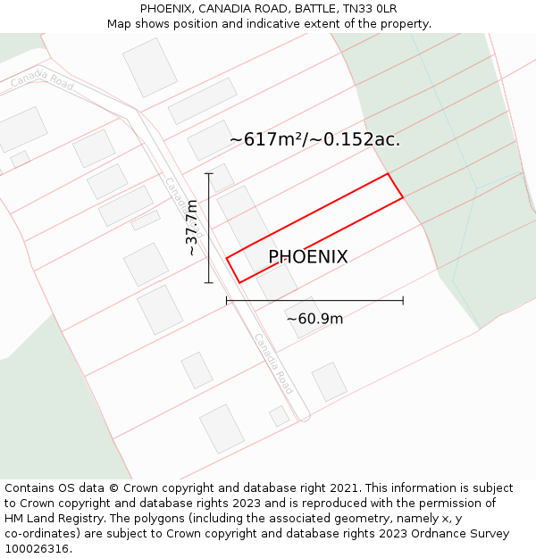 PHOENIX, CANADIA ROAD, BATTLE, TN33 0LR: Plot and title map