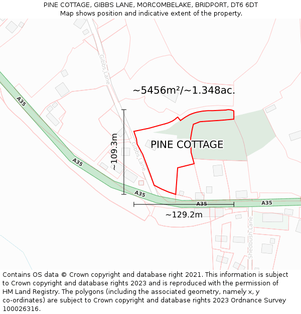 PINE COTTAGE, GIBBS LANE, MORCOMBELAKE, BRIDPORT, DT6 6DT: Plot and title map