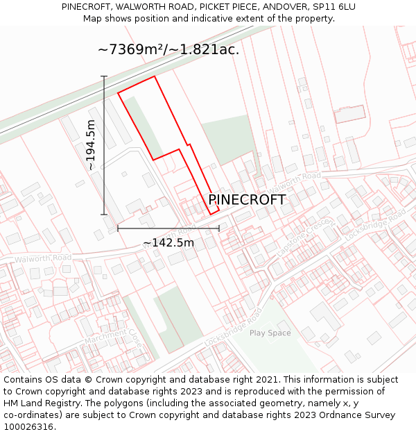 PINECROFT, WALWORTH ROAD, PICKET PIECE, ANDOVER, SP11 6LU: Plot and title map