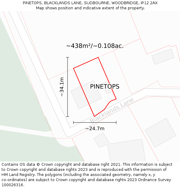 PINETOPS, BLACKLANDS LANE, SUDBOURNE, WOODBRIDGE, IP12 2AX: Plot and title map