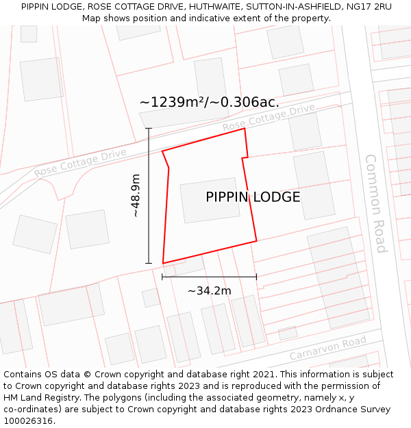 PIPPIN LODGE, ROSE COTTAGE DRIVE, HUTHWAITE, SUTTON-IN-ASHFIELD, NG17 2RU: Plot and title map