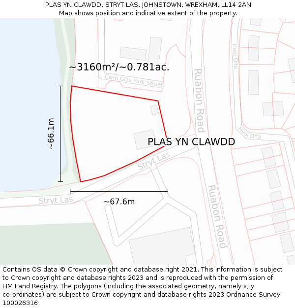 PLAS YN CLAWDD, STRYT LAS, JOHNSTOWN, WREXHAM, LL14 2AN: Plot and title map