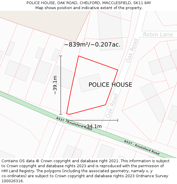 POLICE HOUSE, OAK ROAD, CHELFORD, MACCLESFIELD, SK11 9AY: Plot and title map