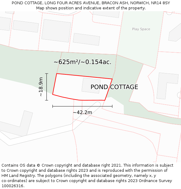 POND COTTAGE, LONG FOUR ACRES AVENUE, BRACON ASH, NORWICH, NR14 8SY: Plot and title map