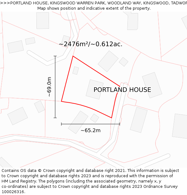 PORTLAND HOUSE, KINGSWOOD WARREN PARK, WOODLAND WAY, KINGSWOOD, TADWORTH, KT20 6AD: Plot and title map