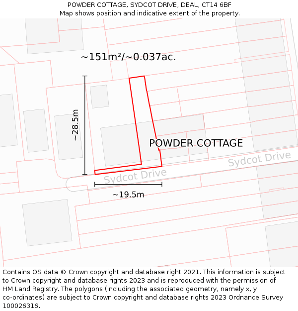 POWDER COTTAGE, SYDCOT DRIVE, DEAL, CT14 6BF: Plot and title map