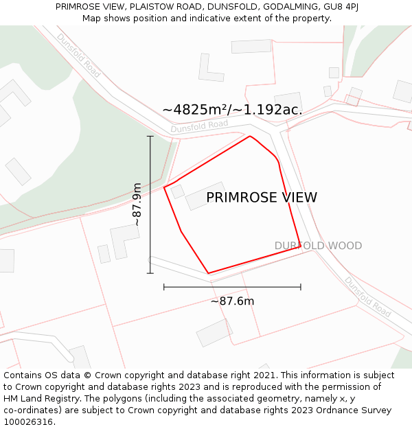 PRIMROSE VIEW, PLAISTOW ROAD, DUNSFOLD, GODALMING, GU8 4PJ: Plot and title map