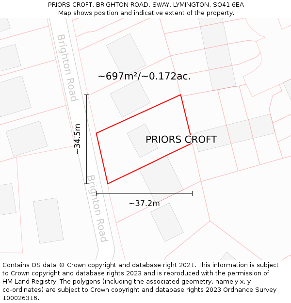 PRIORS CROFT, BRIGHTON ROAD, SWAY, LYMINGTON, SO41 6EA: Plot and title map