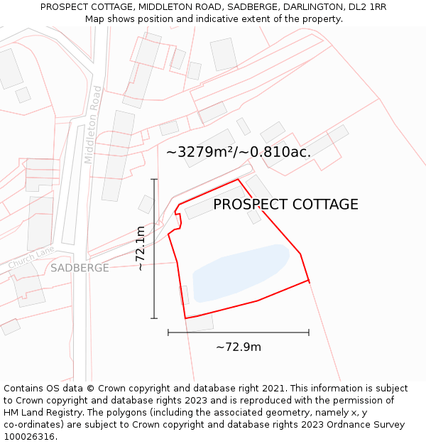 PROSPECT COTTAGE, MIDDLETON ROAD, SADBERGE, DARLINGTON, DL2 1RR: Plot and title map