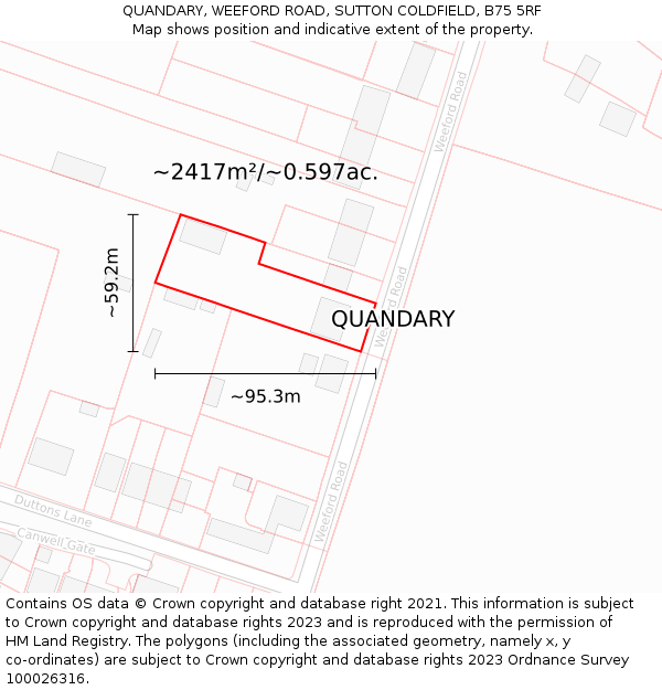 QUANDARY, WEEFORD ROAD, SUTTON COLDFIELD, B75 5RF: Plot and title map