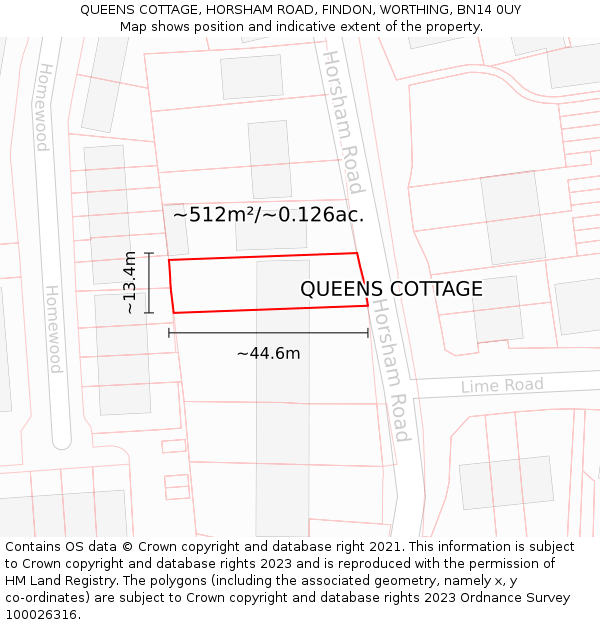 QUEENS COTTAGE, HORSHAM ROAD, FINDON, WORTHING, BN14 0UY: Plot and title map