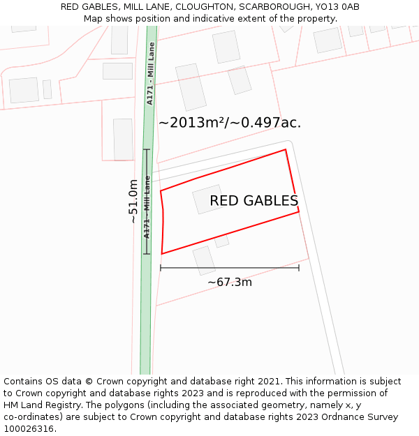 RED GABLES, MILL LANE, CLOUGHTON, SCARBOROUGH, YO13 0AB: Plot and title map