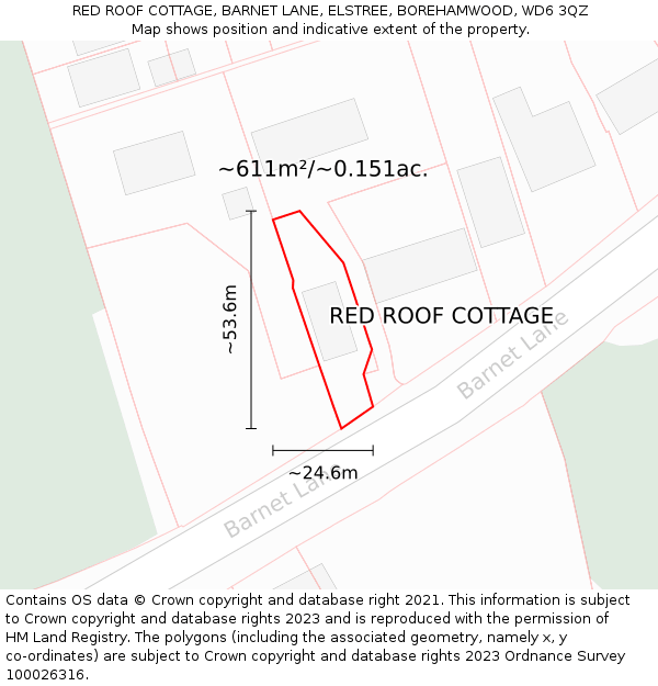 RED ROOF COTTAGE, BARNET LANE, ELSTREE, BOREHAMWOOD, WD6 3QZ: Plot and title map