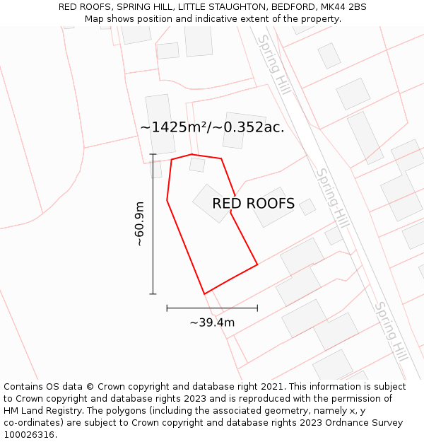 RED ROOFS, SPRING HILL, LITTLE STAUGHTON, BEDFORD, MK44 2BS: Plot and title map