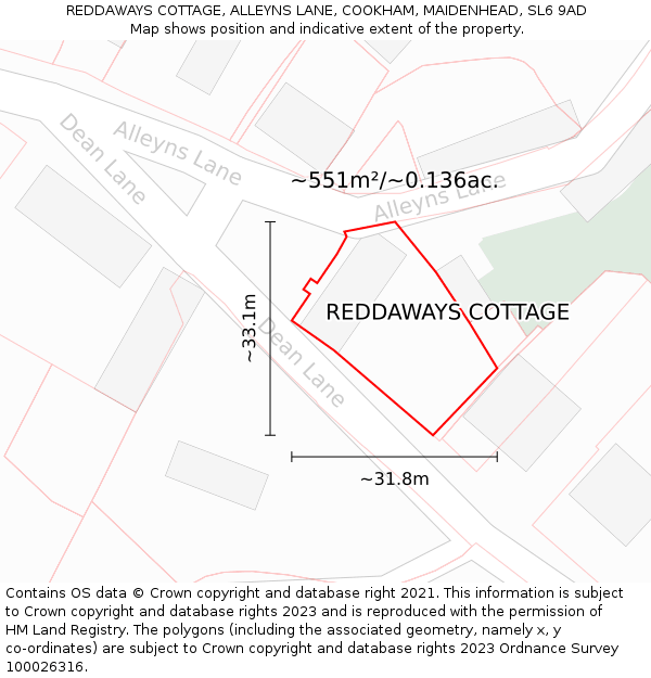 REDDAWAYS COTTAGE, ALLEYNS LANE, COOKHAM, MAIDENHEAD, SL6 9AD: Plot and title map