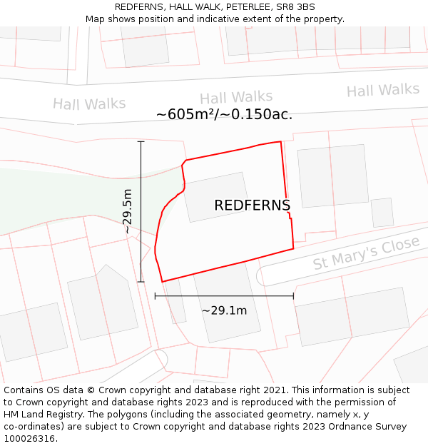 REDFERNS, HALL WALK, PETERLEE, SR8 3BS: Plot and title map